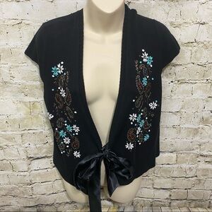 Christine Phillipe Black Floral Beaded Sequin Tie Front Cardigan